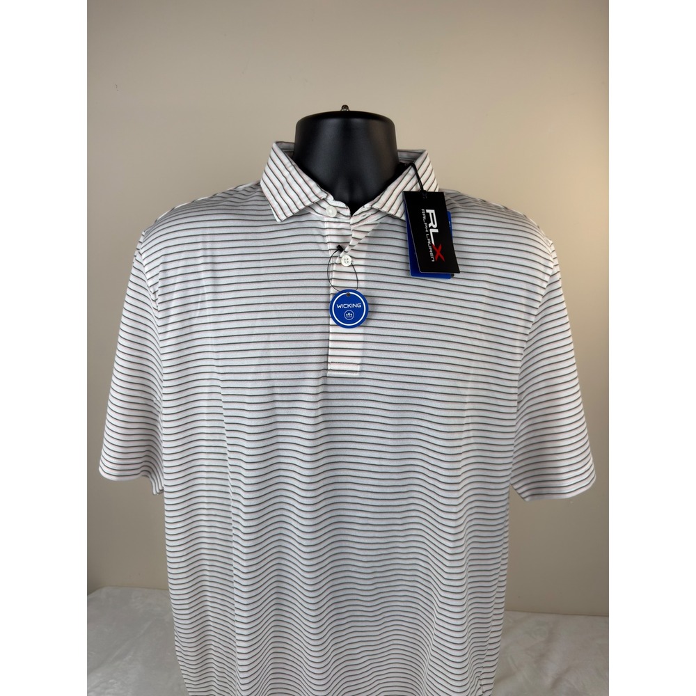 RLX Ralph Lauren Mens White Golf Polo Shirt Pink Sand Striped Wicking Large NEW